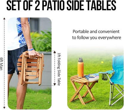 Pack of 2 Small Folding Table, Portable Acacia Wood Side Table for Patio, Porch, Balcony, Indoor Plant Stand, Natural, 13 inches Height