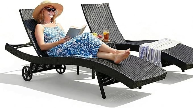 Wicker Outdoor Lounge Chairs with Rolling Wheels, Pool Lounge Chairs Set of 2 - Photo 1