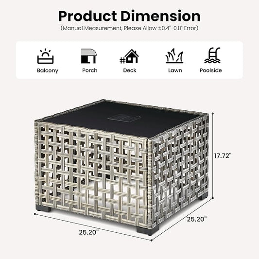 ovios Outdoor Side Table with Tempered Glass Top, Patio Wicker Rattan Solar Lights Tables for All-Weather Porch Deck Balcony Garden Poolside (Mixed Brown-Medium Size)