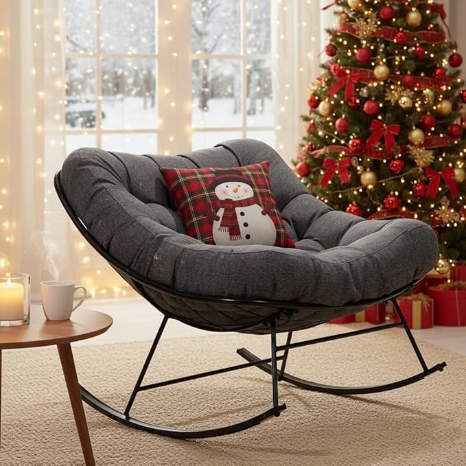 Bme Patio Rocking Chair Outdoor and Indoor, Modern Metal Lounge Rocker with Thick 7'' Cushion, 400lbs Capacity, Ergonomic Design, Easy Assembly, Grey Cushion - Black Matte Rocker