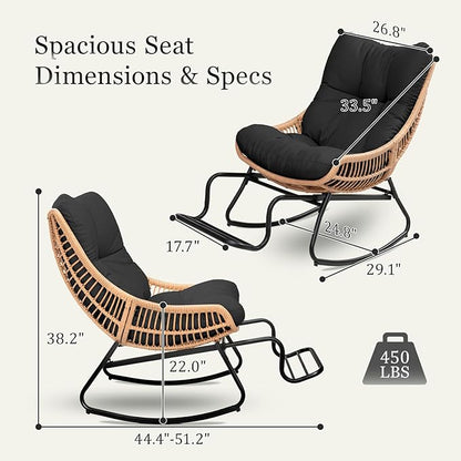 Outdoor Papasan Rocking Chair with Adjustable Footrest, Comfy Outdoor Lounge Chairs Heavy Duty Oversized Rocking Egg Chair Perfect for Patio Deck Garden and Indoor Use