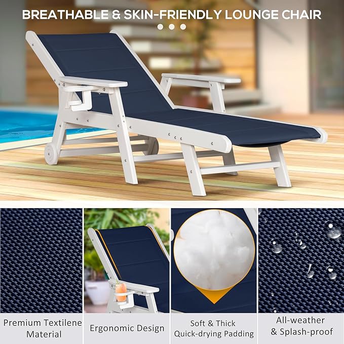 Outdoor Chaise Lounge Chair set of 2, 5-Position Adjustable Patio Lounge Chair with Wheels & Cup Holder, HDPE Pool Lounge Chair with Textilene Surface for Outside, Poolside (Dark Blue+White, 2)
