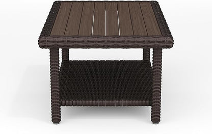 Martha Stewart Bedford Indoor-Outdoor Patio Coffee Table with Lower Shelf, Faux Wood Top, and Rattan Wicker Finish in Brown
