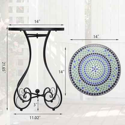VCUTEKA Mosaic Outdoor Side Table, Round Rustproof Patio Table with 14" Ceramic Tile Top, Indoor Porch Accent Table for Yard, Garden, Living Room, Bistro Balcony, Blue
