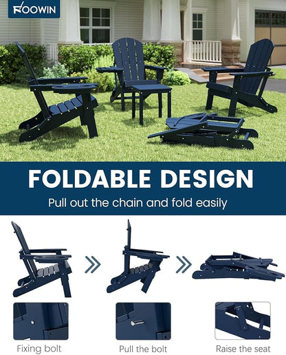 FOOWIN Folding Adirondack Chair Set of 4, HDPE Adirondack Chairs with Cup Holder, Weather Resistant Plastic Fire Pit Chairs for Outdoor, Patio, Lawn, Garden, Backyard, Deck, Dark Blue