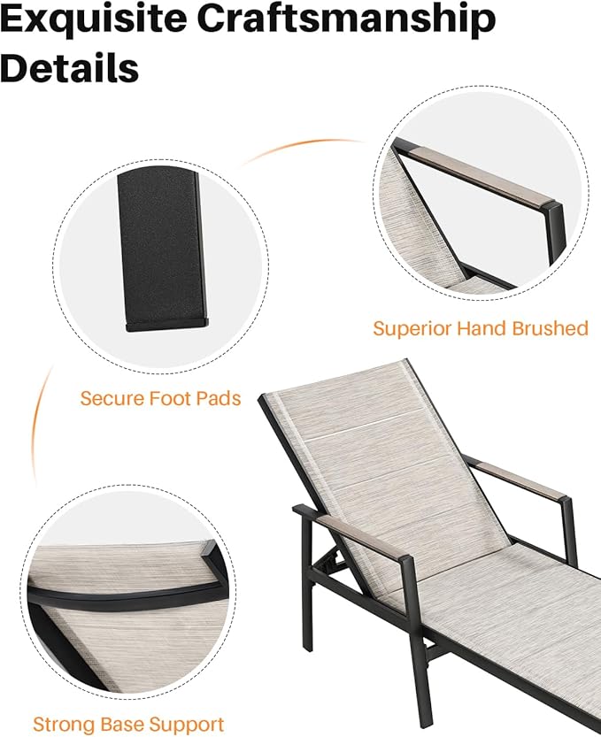 Outdoor Chaise Lounge Set of 2, Never-Rust Aluminum Patio Lounge Chairs with 3D Ultra-Thick Textilene, 6-Position Adjustable Backrest Pool Loungers for Sunbathing, Poolside, Beach, Lawn