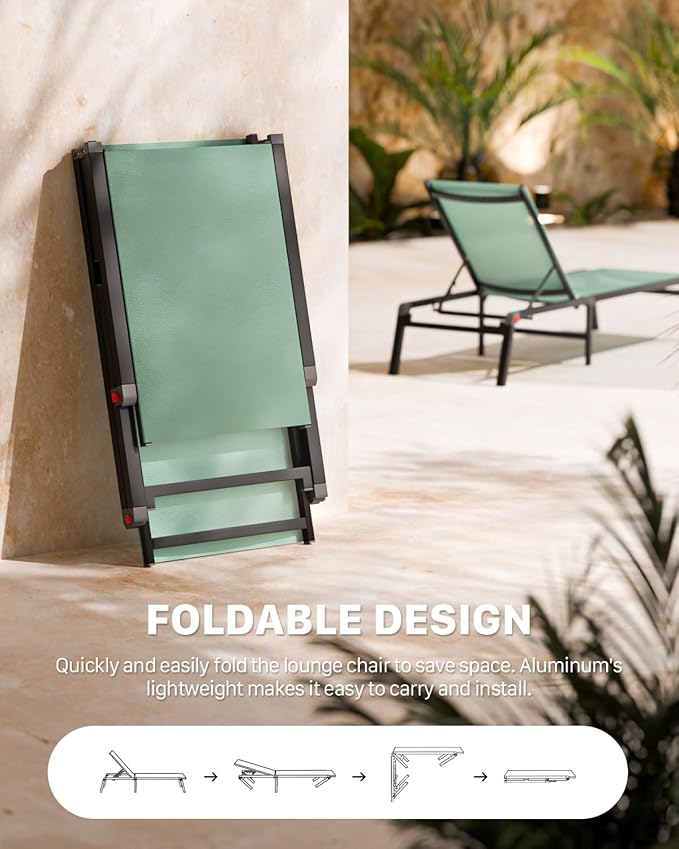 Aluminum Chaise Foldable Patio Lounge Chair Outdoor, Metal Deck Lounger Adjustable 5-Position Recliner Pool Chase Breathable Full Flat Outside Sun Tanning Chairs for Beach/Poolside/Lawn(Green, 2 Pack)