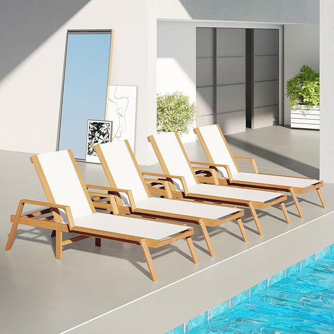 Tangkula Outdoor Wood Chaise Lounge Chair, Patio Sun Lounger with Adjustable Back, Eucalyptus Wood Lounge Chair with Breathable Fabric for Poolside Lawn Backyard (2, 75.5 inches)