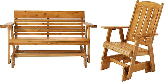 HOMREST Wooden Patio Glider Bench Chair Set with Cup Holders Outdoor Loveseat Glider with Ergonomic Deep Contoured Seat and High Roll Back, Heavy Duty 800LBS for Garden Porch Balcony, Brown