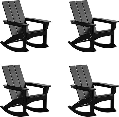 WestinTrends Ashore Patio Rocking Chairs Set of 4, All Weather Poly Lumber Plank Adirondack Rocker Chair, Modern Farmhouse Black Rocking Chairs for Porch Garden Backyard and Indoor