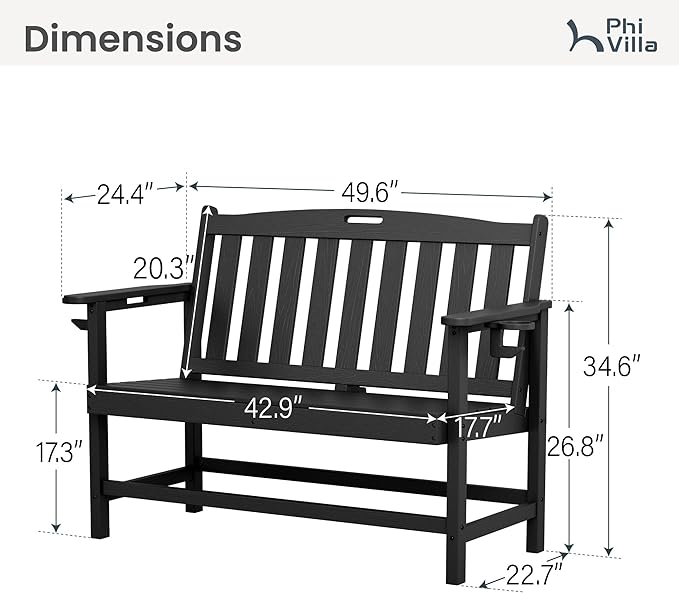 PHI Villa 50 Inch HDPE Outdoor Garden Bench, Park Bench with Reinforced Support Structure, 700 lbs Capacity, 2 Seat All Weather Bench for Outdoors, Patio, Park, Yard and Porch, Black