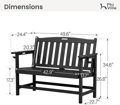 PHI Villa 50 Inch HDPE Outdoor Garden Bench, Park Bench with Reinforced Support Structure, 700 lbs Capacity, 2 Seat All Weather Bench for Outdoors, Patio, Park, Yard and Porch, Black