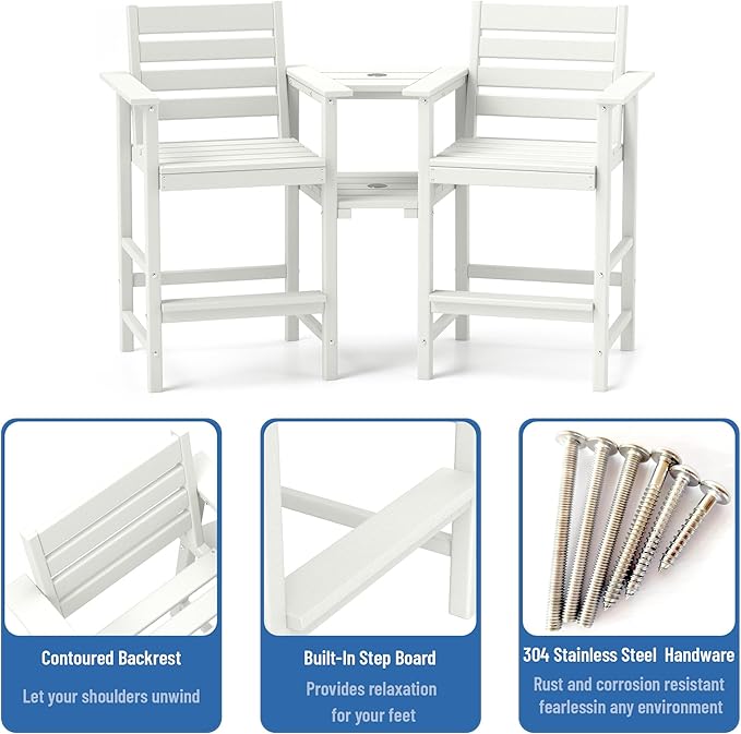 FOOWIN Tall Adirondack Chair Set of 2,HDPE Adirondack Bar Stools with Removable Connecting Trays,Weather Resistant Balcony Chair,Outdoor Adirondack Bar Chairs for Patio,Pool,Garden, Backyard White