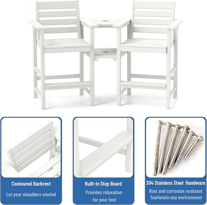 FOOWIN Tall Adirondack Chair Set of 2,HDPE Adirondack Bar Stools with Removable Connecting Trays,Weather Resistant Balcony Chair,Outdoor Adirondack Bar Chairs for Patio,Pool,Garden, Backyard White