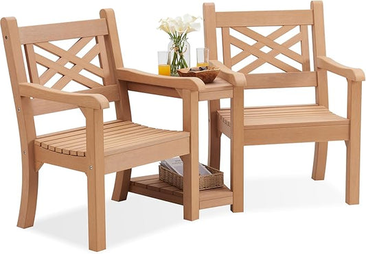Psilvam Patio Furniture, All-Weather Poly Lumber Outdoor Loveseat, 2-Seater Outdoor Chair with Center Table & Umbrella Hole, Waterproof Accent Chairs Suitable for Lawn, Garden, Terrace (Teak Color)