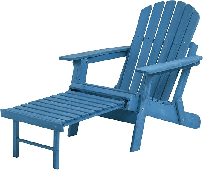 Oversized Folding Adirondack Chair with Retractable Ottoman - Solid Wood Outdoor Lounge Chair for Patio Garden Backyard Porch, Weather-Resistant & Pre-Assembled, Blue