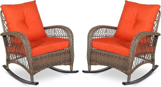 VIVIJASON 2 Piece Patio Wicker Rattan Rocker Chair, Outdoor Rattan Rocker Chair with Cushions & Steel Frame, All-Weather Rocking Lawn Wicker Furniture for Garden Backyard Porch (Orange)