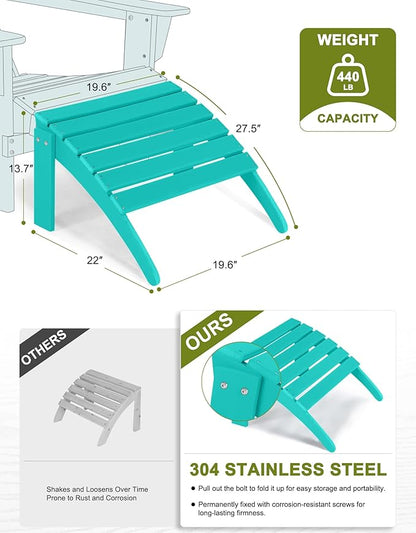 Adirondack Chair with Ottoman | Folding | Outdoor Patio Chair with Removable Footrest | HDPE Plastic All-Weather Resistant | Cup Holder | for Backyard and Garden | Turquoise