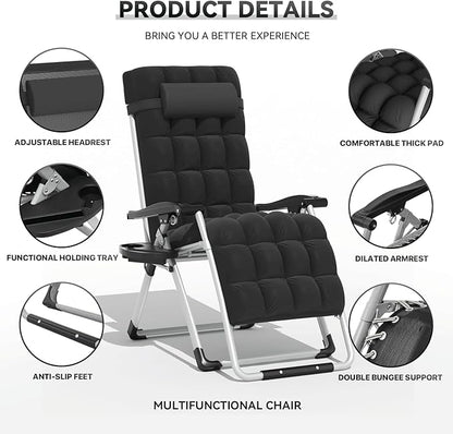 Zero Gravity Chair, Portable Outdoor Chair, Reclining Patio Lounge Chair with Adjustable Pillow and Cup Holder Trays for Outdoor, Patio, Beach, Camping, Garden, Poolside, Black