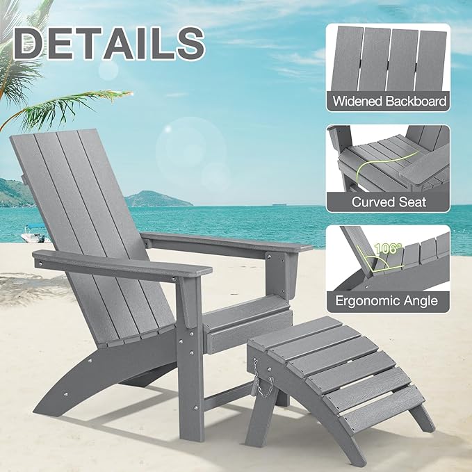 Adirondack Chair with Ottoman Weather Resistant Fire Pit Chairs with Footrest HDPE Outdoor Adirondack Chair for Patio Front Porch Pool Garden Deck Fire Pit Outside, Light Grey