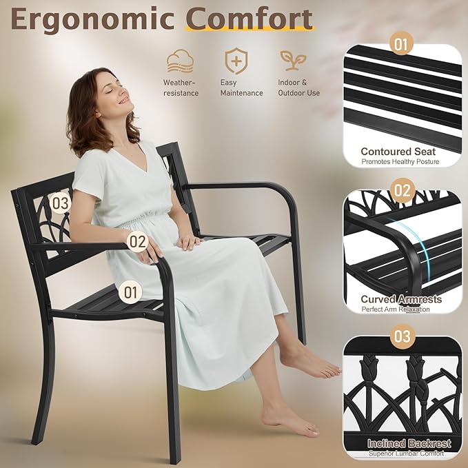 49" Garden Bench,Outdoor Benches,Iron Steel Frame Patio Bench with Tulip Pattern and Backrest Armrests for Lawn Yard Porch Work Entryway