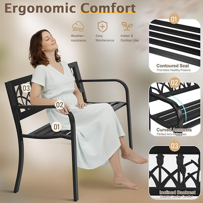 Vasitelan Outdoor Bench, 49" Iron Steel Frame Garden Bench with Tulip Pattern and Plastic Backrest Armrests, Patio Bench for Garden Park Yard Front Porch Patio, Black