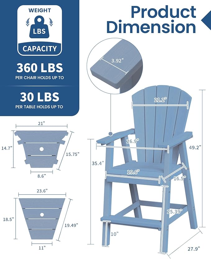 Ciokea Tall Adirondack Chairs Set of 4, HDPE Outdoor Adirondack Bar Stools with Double Connecting Tray, Weather Resistant High Back Adirondack Balcony Chairs for Deck, Lawn, Pool, Backyard, Baby Blue