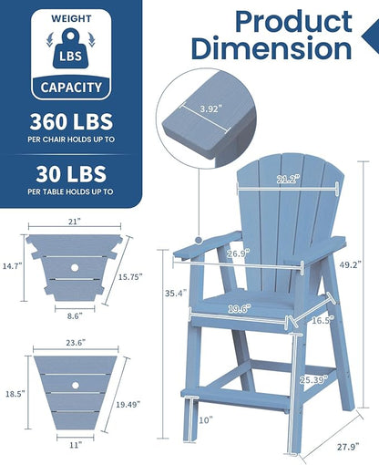Ciokea Tall Adirondack Chairs Set of 4, HDPE Outdoor Adirondack Bar Stools with Double Connecting Tray, Weather Resistant High Back Adirondack Balcony Chairs for Deck, Lawn, Pool, Backyard, Baby Blue