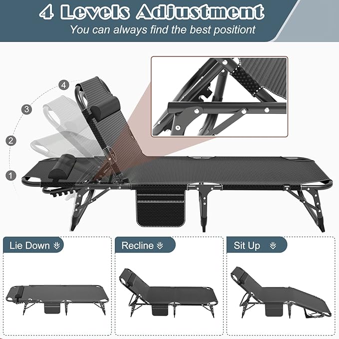 DoCred Heavy Duty Chaise Lounge Chair, Adjustable 5-Position Folding Chaise Lounge Chairs for Outside, Portable Lay Flat Beach Lounge Chair for Outdoor Sunbathing Beach Pool Lawn Camping