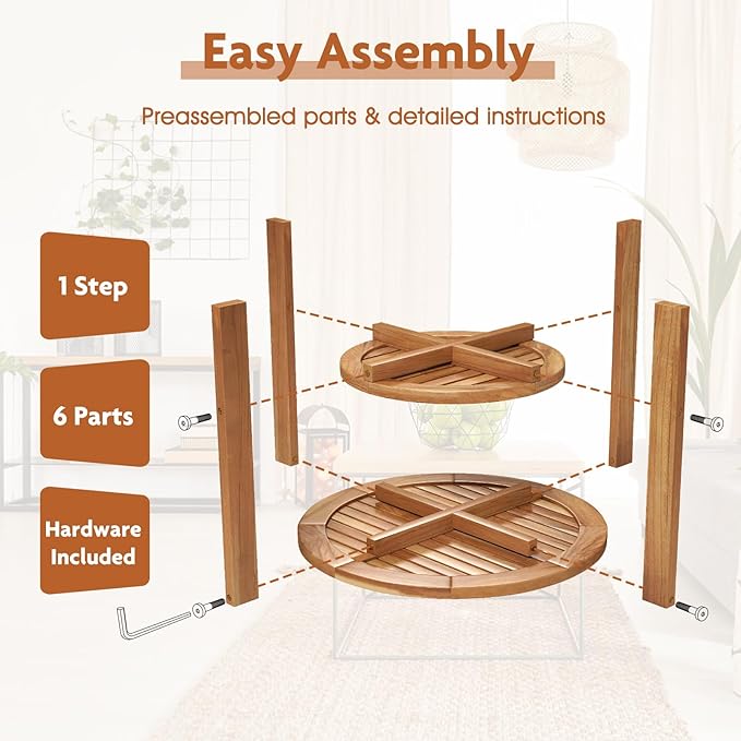 Tangkula Outdoor Round Side Table, 19.5 Inches Teak Wood Patio Table with Slatted Tabletop & Storage Shelf, 2-Tier Heavy Duty Small End Table for Backyard, Porch, Deck, Yard, Garden, Natural
