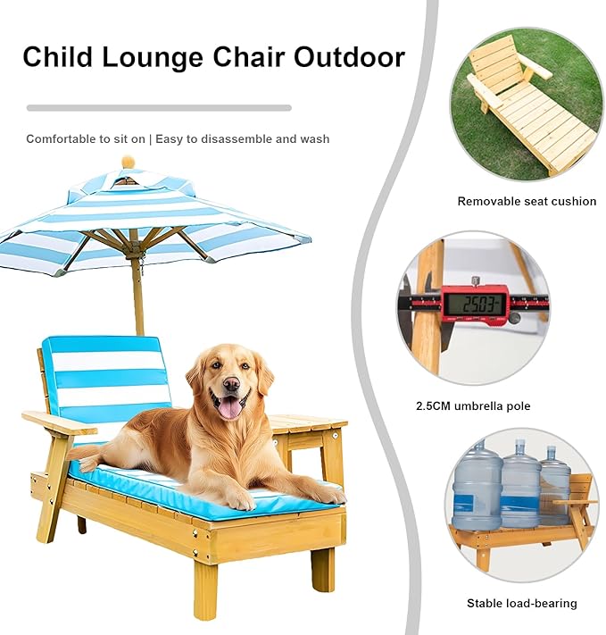 Kids Lounge Chair Outdoor, Kids Lounge Chair, Removable Striped Fabric Cushions, Outdoor Chaise Lounge with Parasol - Photo 4