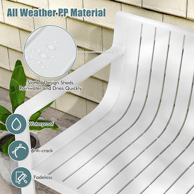 Tangkula Patio Loveseat, Weather-Resistant Plastic 2-Person Bench with Curved Backrest, Outdoor Conversation Furniture with Slatted Design for Patio, Poolside, Backyard, Garden, Deck, Lawn (White)