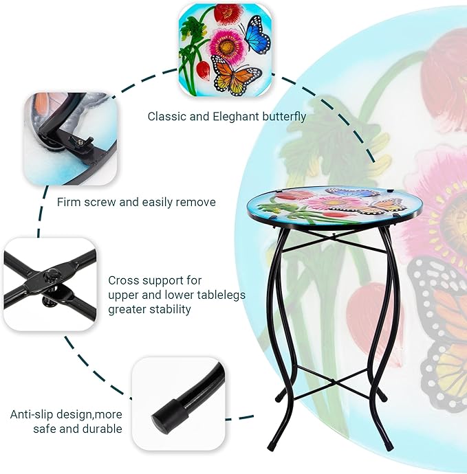 12 Inch Round Butterfly Glass Side Table, Patio Small Table, Outdoor Side Table, Outdoor Bar Table - Photo 4