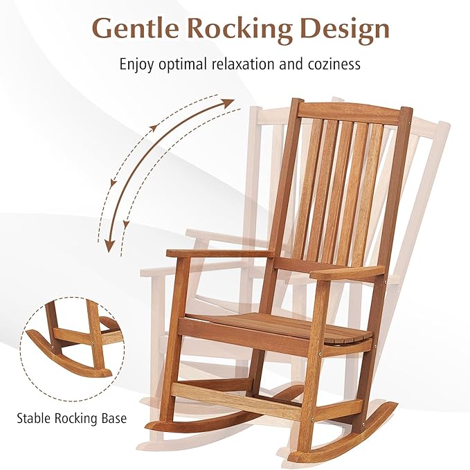 Tangkula Outdoor Wood Rocking Chair Set of 2, Ergonomic High-Back Patio Rocker with Smooth Rocking Base, Slatted Design, Perfect for Patio, Poolside, Backyard