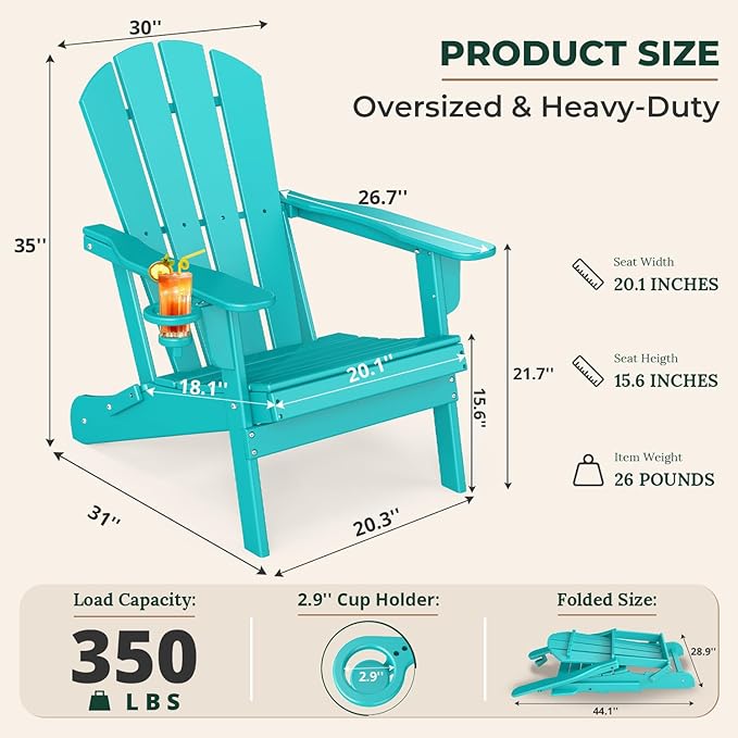 BRIOPAWS Folding-Adirondack-Chairs Set of 2 | HDPE Plastic | Fire Pit Chair | Cup Holder | Curved Back | All Weather| for Outdoor Backyard Deck Patio | Aqua