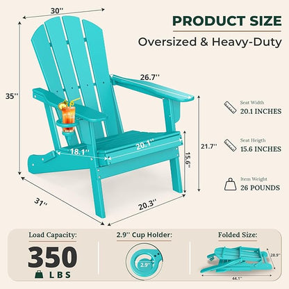 BRIOPAWS Folding-Adirondack-Chairs Set of 4 | HDPE Plastic | Fire Pit Chair | Cup Holder | Curved Back | All Weather | for Outdoor Backyard Deck Patio | Aqua