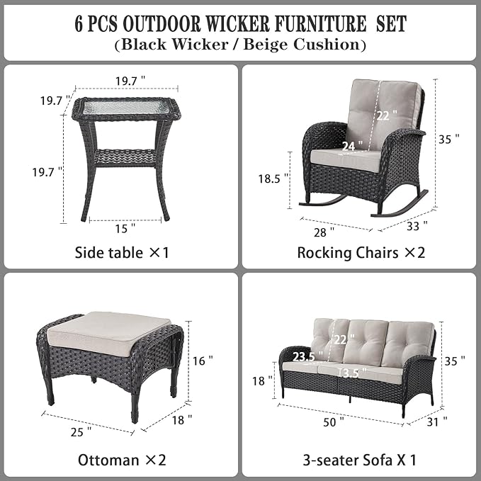 Belord Patio Rocking Chairs Furniture Set of 6, Outdoor Wicker Furniture Sets with Wicker Rocker - Photo 4