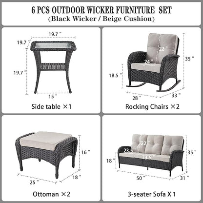 Belord Patio Rocking Chairs Furniture Set of 6, Outdoor Wicker Furniture Sets with Wicker Rocker, Small Patio Conversation Sets with Outdoor Couch Ottomans Black/Beige