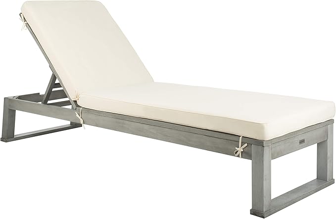 SAFAVIEH Outdoor Collection Solano Grey Solid Wood/Beige Cushion Patio Adjustable Chaise Lounge Chair (PAT7024E)