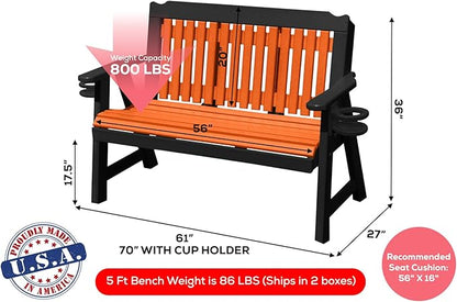 3-Person 5FT Plastic Poly Lumber Wood Cup Holders Bench Amish Craftsmanship Made in USA HDPE with No wood fibers Memorial Patio Outdoor Garden Porch Church Logan Series Signature design 800 lbs Limit