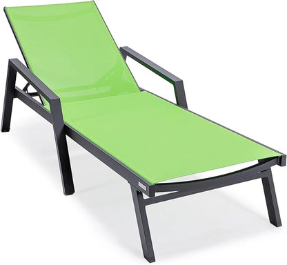 LeisureMod Marlin Patio Chaise Lounge Chair, Adjustable Outdoor Black Aluminum Lounge with Breathable Mesh Sling Back, Lightweight Poolside Reclining Sun Lounger Weather & UV Resistant (Green)