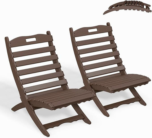 GREENVINES Folding-Xavier-Chairs Set of 2 | Wave | Wood Grain | Dark Brown | Portable Adirondack-Chair | HDPE Plastic | All Weather Fire-Pit Chair | for Beach Outdoor Deck Poolside Garden Patio