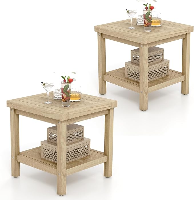 Tangkula 2-Tier Outdoor Side Table, Teak Wood End Table with Storage Shelf, Square Patio Snack Table, Coffee End Table for Porch Deck Garden, Natural
