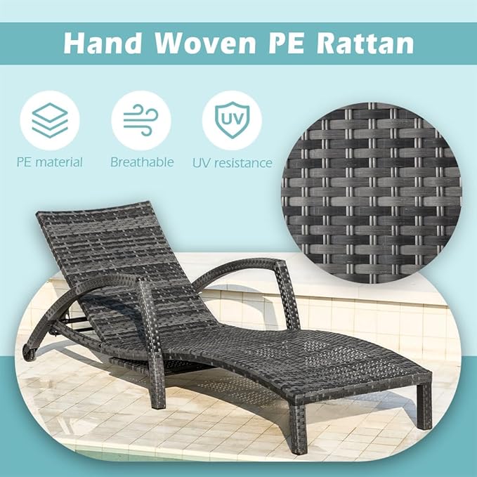 Chaise Lounge Chairs Outdoor Set of 2, Comfy Outside Wicker Patio Pool Lounge Chair w/ 5 Adjustable Back Angle - Photo 3