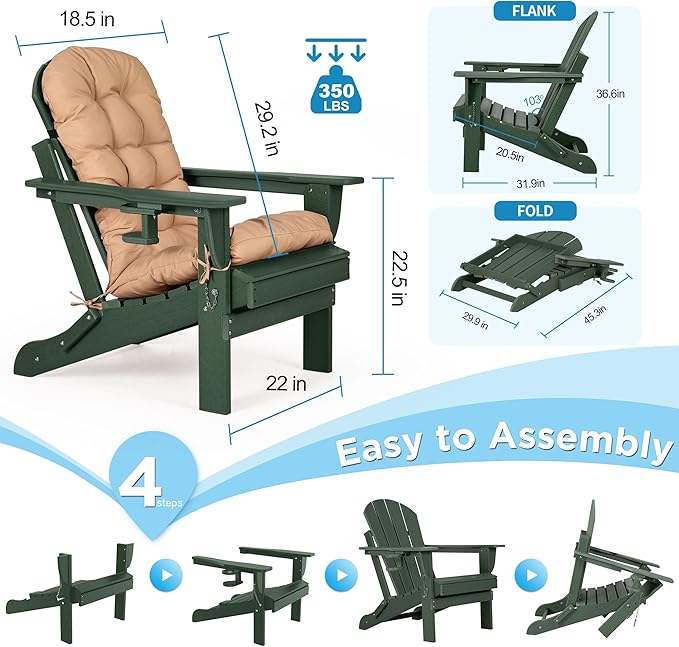 nalone Folding Adirondack Chair with Cushion with Cup Holder, HDPE Plastic Oversized Patio Chair Weather Resistant, Used in Outdoor, Fire Pit, Deck, Garden, Campfire Chairs (Green)