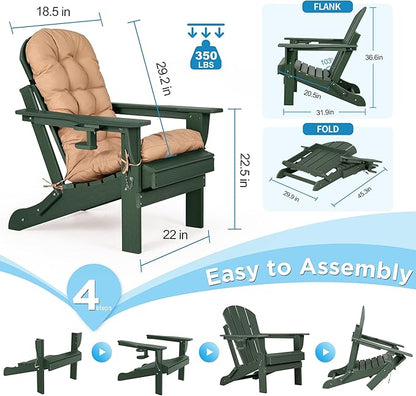 nalone Folding Adirondack Chair with Cushion with Cup Holder, HDPE Plastic Oversized Patio Chair Weather Resistant, Used in Outdoor, Fire Pit, Deck, Garden, Campfire Chairs (Green)