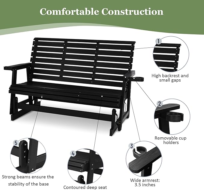 Poly Lumber Patio Glider with Cup Holders, High Backrest and Deep Contoured Seat, HIPS Material, All-Weather Resistant - Photo 6