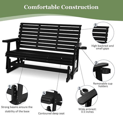 Poly Lumber Patio Glider with Cup Holders, High Backrest and Deep Contoured Seat, HIPS Material, All-Weather Resistant, Heavy Duty 700 Pounds (Carbon Black, 3-Seat)