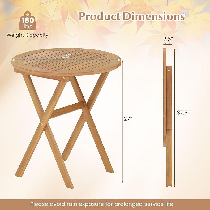 Tangkula 26-Inch Acacia Wood Outdoor Dining Table, Folding Round Patio Bistro Table with Slatted Tabletop & X-Shaped Frame, Outside Dining Table for Porch, Garden, Backyard, Poolside