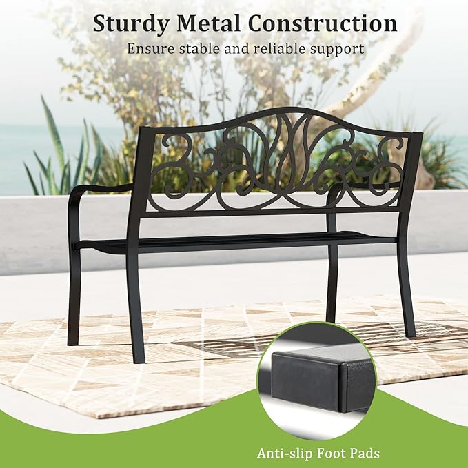 Tangkula 50 Inches Outdoor Garden Park Bench, Cast Iron Metal Front Porch Loveseat with Floral Design Backrest and Slatted Seat, Patio Bench with Armrests for Outside, Yard and Lawn, Black